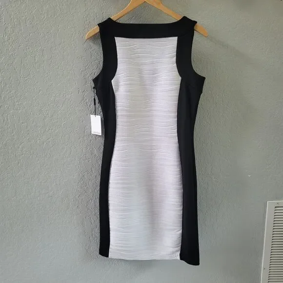 NWT Calvin Klein Black/Ivory Color Block Sleeveless Ribbed Sheath Dress Size 4
